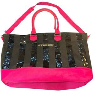 Victoria Secret Pink and Black Sequin Stripe Weekender Shoulder Tote Bag